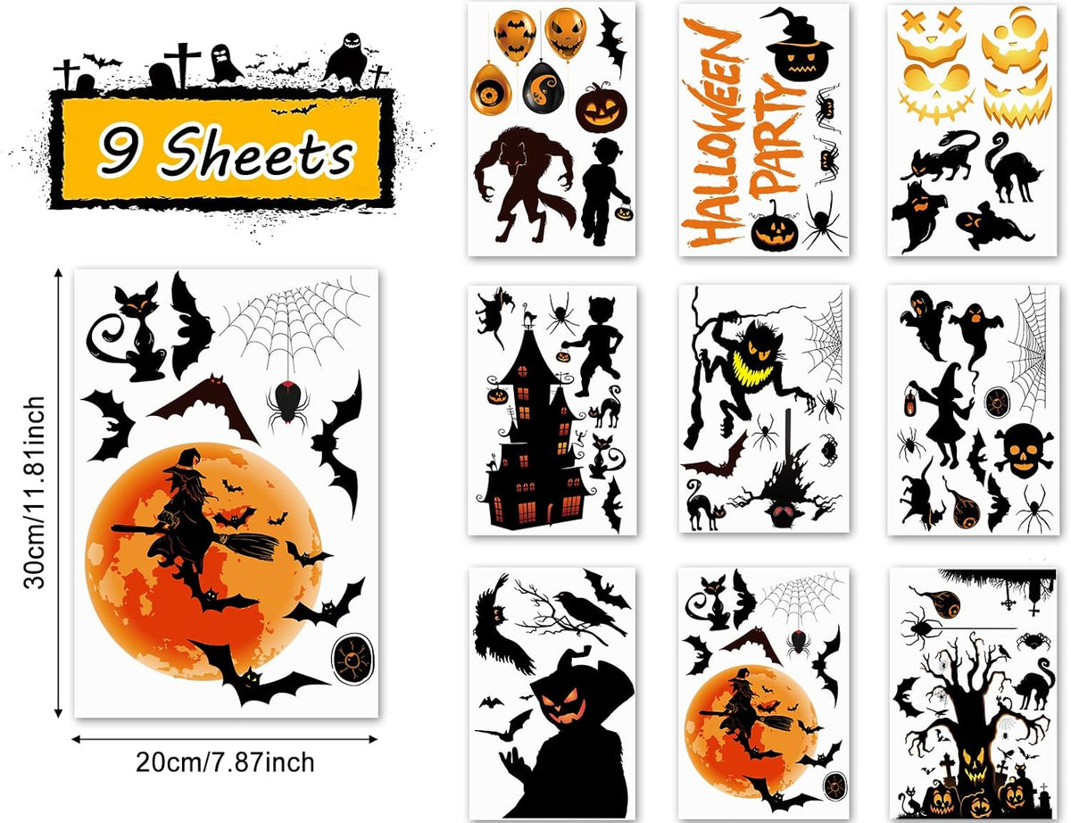 Halloween Decorations Window Clings, Removable Electrostatic Halloween Window Sticker, Double Sided Black Cat Spooky Halloween Window Decals for Halloween Party Decor Supplies(9 Sheets)