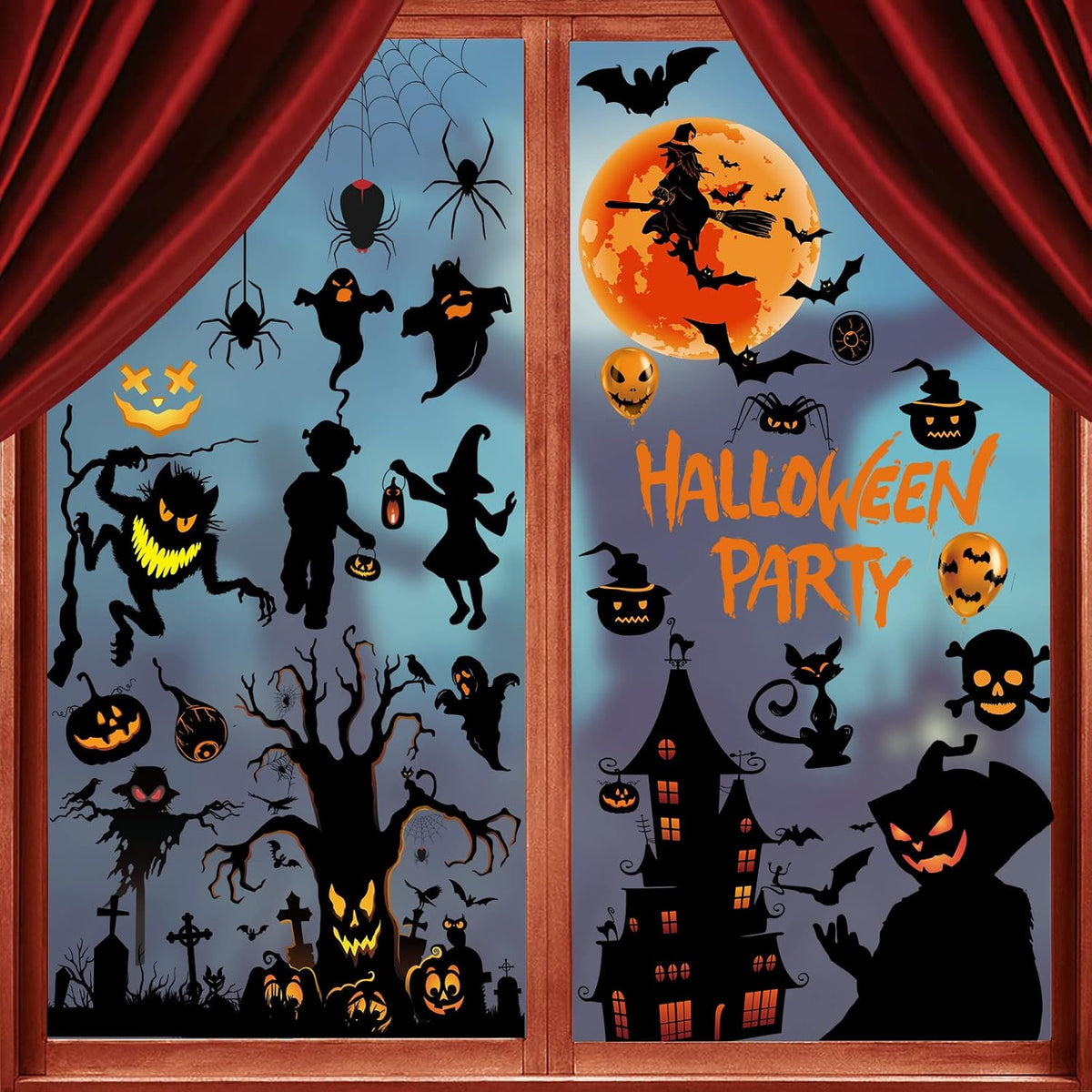 Halloween Decorations Window Clings, Removable Electrostatic Halloween Window Sticker, Double Sided Black Cat Spooky Halloween Window Decals for Halloween Party Decor Supplies(9 Sheets)